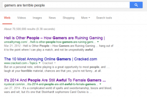 Google Search that shows 70 million results for gamers are terrible people